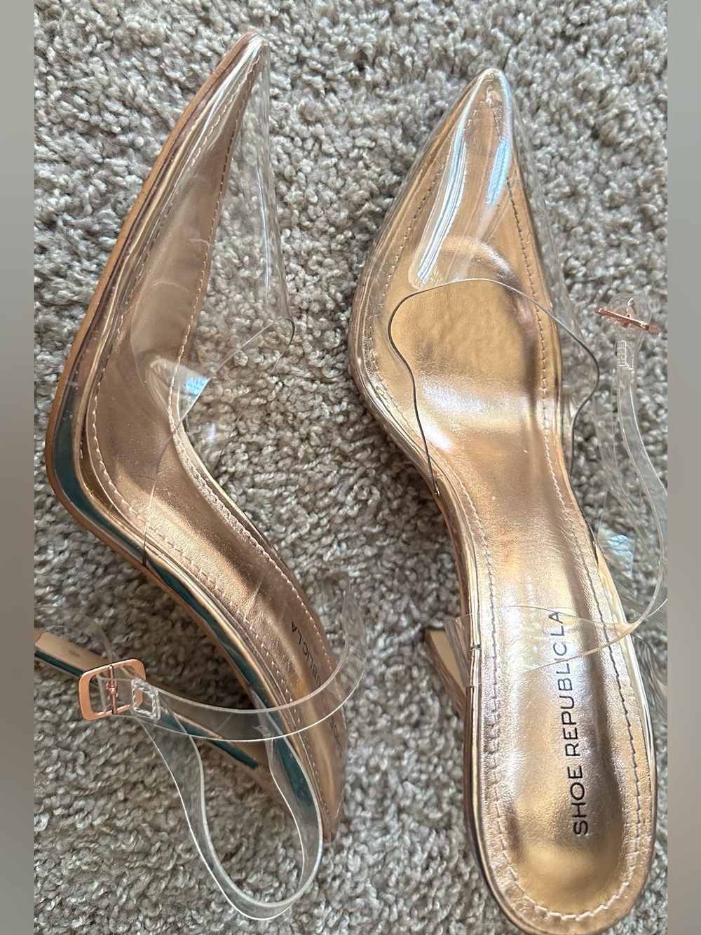Shoe Republic LA Clear Pointed Slingback Heels in Rose Gold